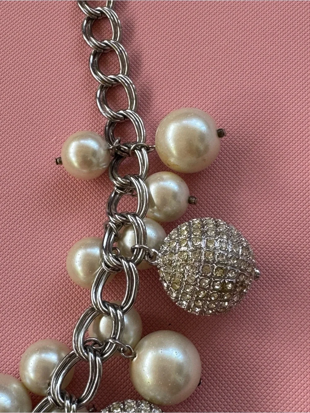Pearl and Pave Ball Charm Statement 8 inch Necklace - Silver-toned, GUC